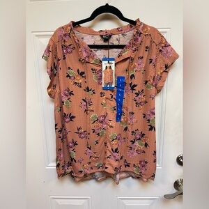Buffalo David Bitton Floral Short Sleeve Blouse Top Size L NWT